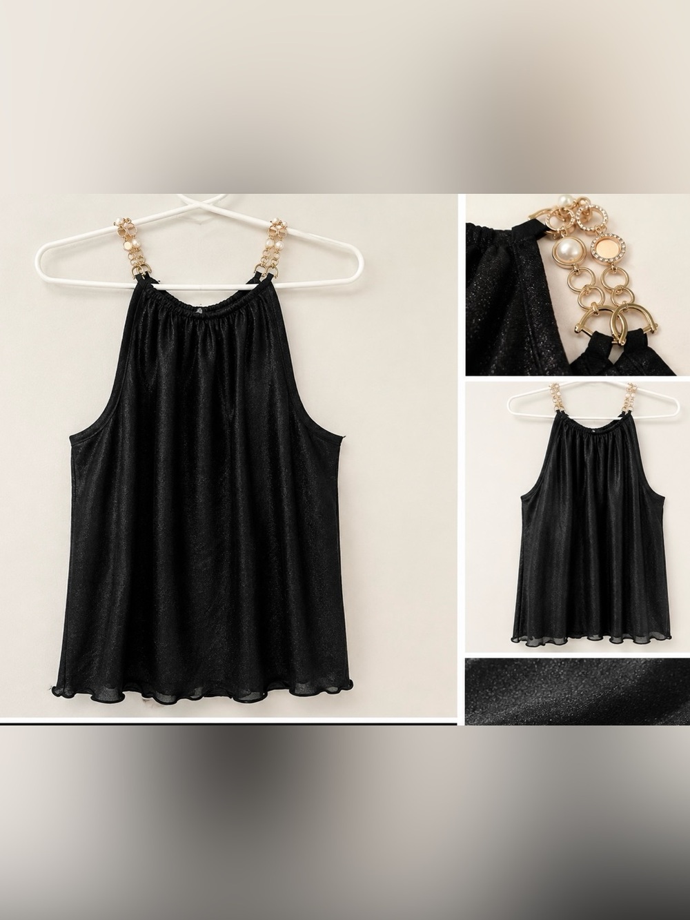 Nicole Miller Black Chiffon Halter Camisole with Pearl-Chain Straps